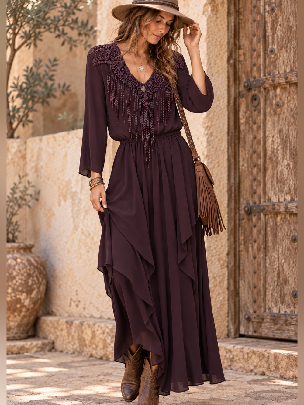 Spencer‎ Alexis Purple Chiffon Fringe Maxi Dress 6 Vintage Boho Romantic Gothic